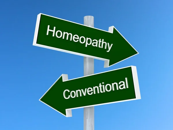Homeopathy vs conventional sign. Homeopathy or conventional medicine choice concept — Stock fotografie