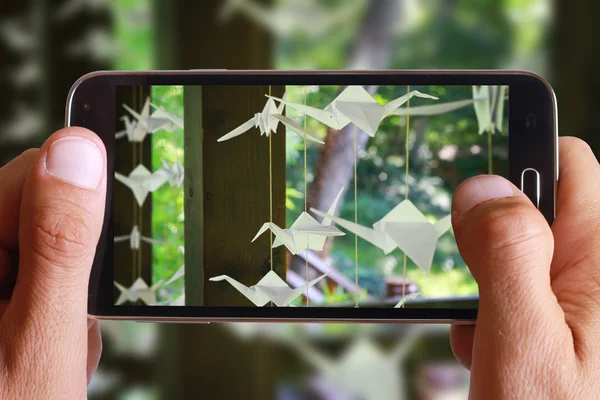 Manlig hand ta foto av Origami vitt papper fåglar dekoration i japanska trädgården i naturen, bröllop origami kranar med cell, mobiltelefon. — Stockfoto