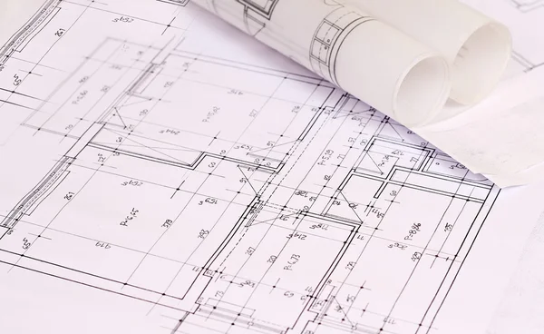 Fundal arhitectură: Instrumente de plan de construcții și desene de schiță — Fotografie, imagine de stoc