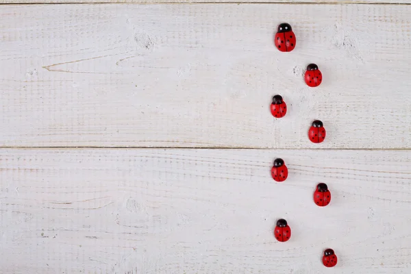 Coccinelles, coccinelle sur fond blanc rustique en bois. Décoration de maison — Photo