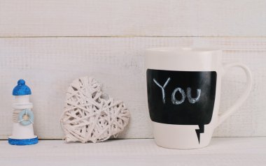 Love  concept. Romantic morning message.Heart shape home decoration. Happy valentine's day postcard background. Chalkboard Coffee Mug