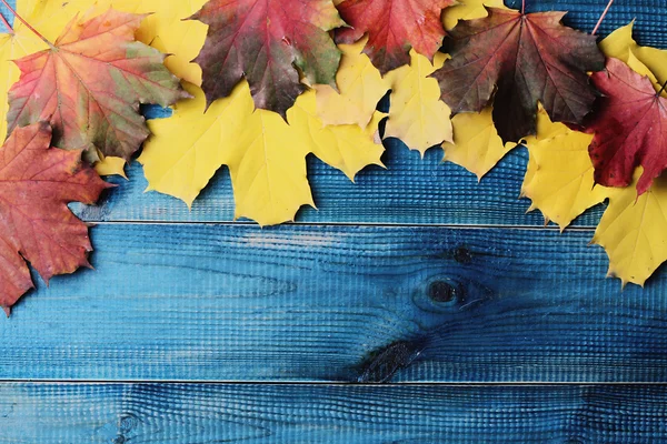 Hojas amarillas y rojas de otoño sobre fondo rústico azul. Fondos de pantalla de temporada — Foto de Stock