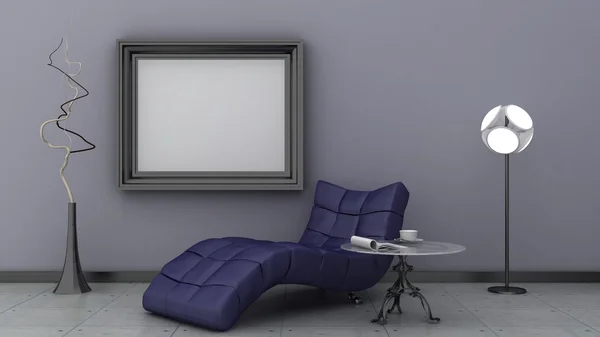 Empty picture frames in classic interior background on the decorative painted wall with wooden floor. Privat library with chair and floor lamp. Copy space image. 3d render — Φωτογραφία Αρχείου