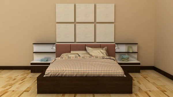 Empty picture frames in classic bedroom interior background on the decorative painted wall with wooden floor. Bed, nightstand, pillow, sheets and blanket. Copy space image. 3d render — Stockfoto