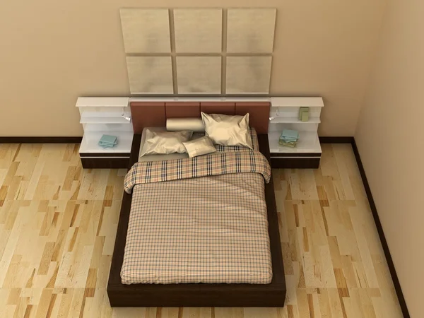 Empty picture frames in classic bedroom interior background on the decorative painted wall with wooden floor. Bed, nightstand, pillow, sheets and blanket. Copy space image. 3d render — 스톡 사진