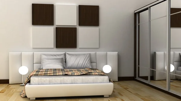 Empty picture frames in classic bedroom interior background on the decorative painted wall with wooden floor. Bed, nightstand, pillow, sheets and blanket. Copy space image. 3d render — 스톡 사진