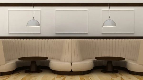 Пустые рамки для картин в классическом интерьере кафе на декоративной окрашенной стене с мраморным полом. Кафе диван, стол и блеск. Скопируйте космическое изображение. 3D рендеринг — стоковое фото