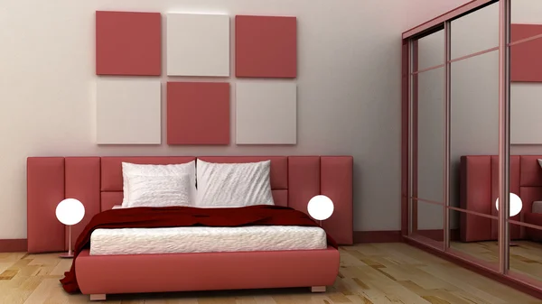 Пустые рамы в классическом интерьере спальни на декоративной окрашенной стене с деревянным полом. Кровать, тумбочка, подушка, простыни и одеяло. Скопируйте космическое изображение. 3D рендеринг — стоковое фото