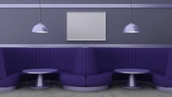 Пустые рамки для картин в классическом интерьере кафе на декоративной окрашенной стене с мраморным полом. Кафе диван, стол и блеск. Скопируйте космическое изображение. 3D рендеринг — стоковое фото