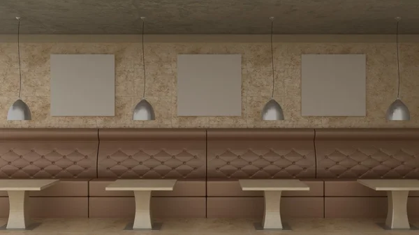 Пустые рамки в классическом интерьере кафе на декоративной стене с мраморным полом. Кафе диван, стол и блеск. Скопируйте космическое изображение. 3D рендеринг — стоковое фото