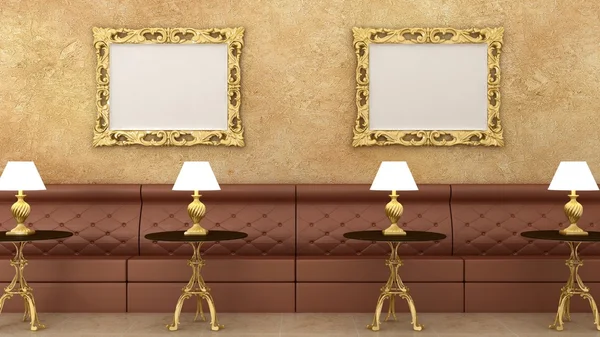 Empty golden picture frames in classic cafe interior background on the decorative wall with marble floor. Cafe sofa, table and luster. Copy space image. 3d render — 스톡 사진