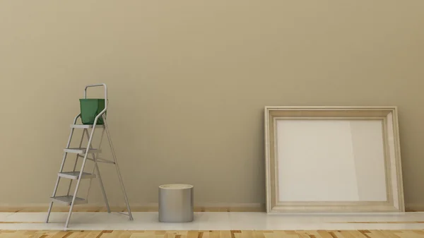 Empty picture frame in classic interior background on the decorative painted wall with wooden floor. Painting with ladders, can and bucket. Copy space image. 3d render — 스톡 사진