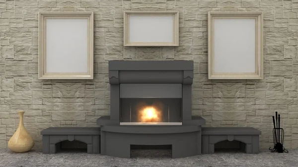 Empty picture above fireplace in classic interior background on the stone wall with stone floor. Copy space image. 3d render