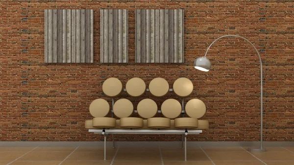 Bild in klassischem Innenhintergrund an der dekorativen Ziegelwand mit Marmorboden. Leerzeichen kopieren. 3D-Darstellung — Stockfoto