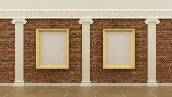 Empty picture golden frames in classic luxury interior background on the decorative brick wall with plaster decoration ionic greek elements and columns with travertinomarble floor. Copy space image. 3 — Stock Fotó