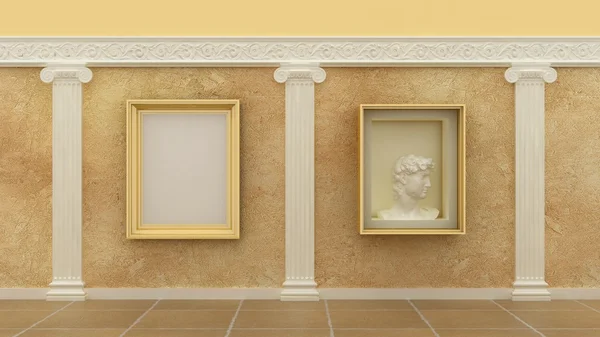 Empty picture golden frames in classic luxury interior background on the decorative paint wall with plaster decoration ionic greek elements and columns with travertinomarble floor. Copy space image. 3 — Stock Fotó