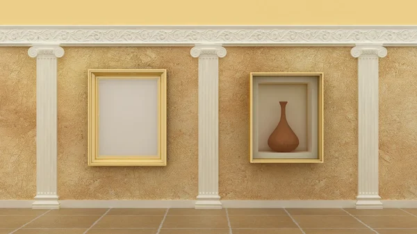Empty picture golden frames in classic luxury interior background on the decorative paint wall with plaster decoration ionic greek elements and columns with travertinomarble floor. Copy space image. 3 — Stok fotoğraf