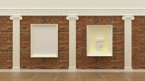 Empty picture frames in classic luxury interior background on the decorative brick wall with plaster decoration ionic greek elements and columns with travertinomarble floor. Copy space image. 3d rende — Stock Fotó
