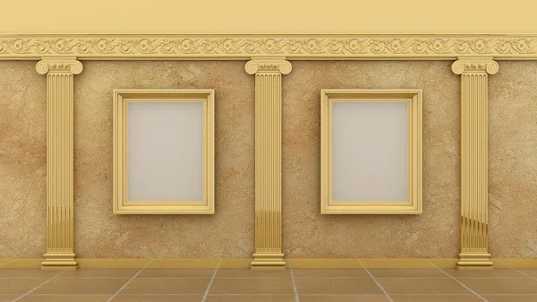 Порожня картина золоті рамки в класичному розкішному інтер'єрі на декоративній фарбі стіни з гіпсовим оздобленням іонних грецьких елементів і колон з травертиномісткою підлогою. Копіювати зображення простору. 3 — стокове фото