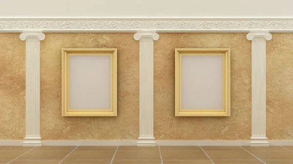 Empty picture golden frames in classic luxury interior background on the decorative paint wall with plaster decoration ionic greek elements and columns with travertinomarble floor. Copy space image. 3 — Zdjęcie stockowe