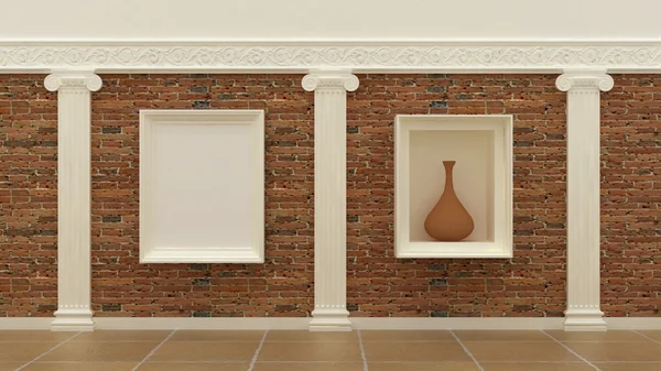 Empty picture frames in classic luxury interior background on the decorative brick wall with plaster decoration ionic greek elements and columns with travertinomarble floor. Copy space image. 3d rende — Stock Fotó