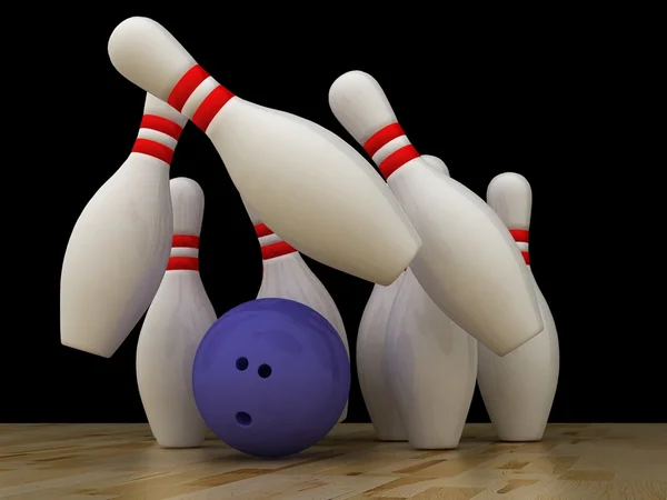 Bowling palla con perni sul pavimento in legno — Foto Stock