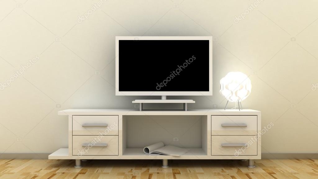 Empty LED TV on television shelf in classic interior background with  decorative paint wall and wooden floor. Copy space image. 3d render Stock  Photo by ©glisic_albina 89897968