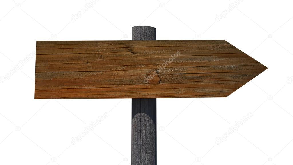 Old vintage empty wooden sign on road isolated on white background