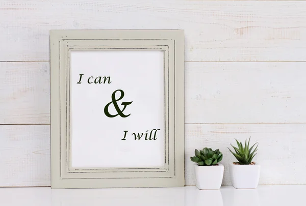 Motivation words I can and I will, inspiration quote. Shabby chic, vintage style. Scandinavian style home interior decoration — Stockfoto