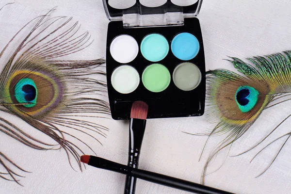 Makeup brush multicolored eye shadows cosmetics on a white background