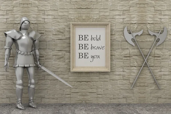 Motivation words be brave , be bold, be you. Inspirational  poster in frame, knight armor, medival weapons in castle interior background. 3d render — Stockfoto