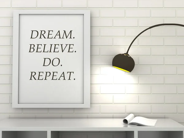 Motivation words Dream, Believe, Do, Repeat, inspiration quote. Cadre d'affiche inspirant dans un intérieur moderne. Décoration intérieure de style scandinave. 3d rendu — Photo