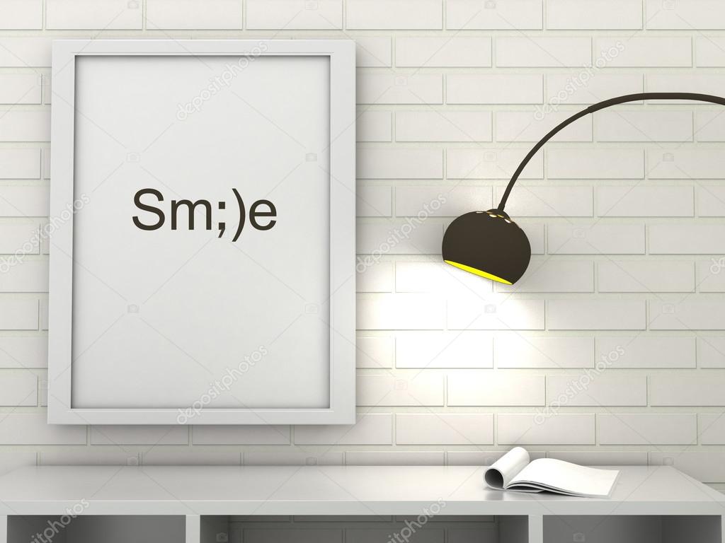 Motivation words Smile, inspiration quote. Poster in frame in modern interior. Scandinavian style home interior decorration. 3d render
