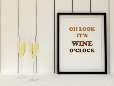 Poster in frame Oh look it's wine o'clock. Kitchen art. Wine Poster, Funny Quote,  Housewarming Gift, Wall Decor, Kitchen Decor.Scandinavian style home interior decoration clipart