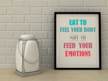 Motivasyon kelimeleri Duygularınızı Beslemek için Değil Vücudunuzun Yakıt yiyin. Sağlıklı beslenme, Yaşam Tarzı, Benlik gelişimi, Kendim üzerinde çalışma, değişim, kavram. İlham verici alıntı. Ev dekorasyonu duvar sanatı.