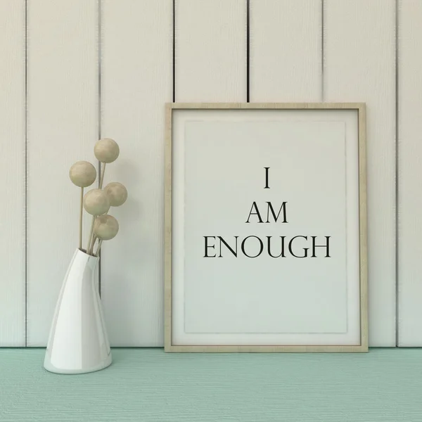 Motivation words I am enough. Self development, Working on myself, change, life, happiness concept. Inspirational quote.Home decor wall art. Scandinavian style home interior decoration — Stok fotoğraf