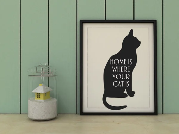 Motivation words  Home is where your cat is. Inspirational funny quotation. Cat lover gift idea. Home decor art. scandinavian style — Zdjęcie stockowe