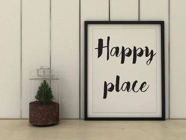 Koncept domova, rodiny a štěstí. Šťastný místo plakát v rámci skandinávský styl domácí dekorace. — Stock fotografie