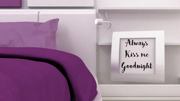 Always Kiss Me Goodnight Inspirational quotation in frame  bedroom interior background. Love, Family, Happiness concept. Home decor art. 3d render — Stockfoto