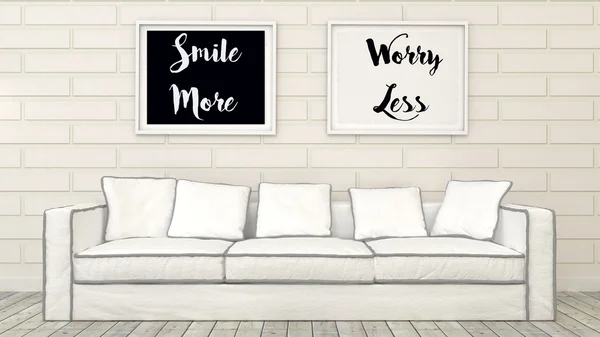 Motivation words Smile More, Worry Less. Happiness, Life  concept. Inspirational  poster  in modern interior. 3d render — 스톡 사진