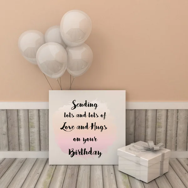 Cartel de la tarjeta de felicitación Enviar un montón de amor y abrazos en su cumpleaños. Cuadro con globos. Motivación, cita inspiradora. Diseño de tarjeta de felicitación de cumpleaños —  Fotos de Stock