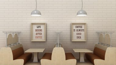 Hayat başlar sonra kahve, kahve olduğunu her zaman iyi bir fikir posterler modern café iç. 3D render
