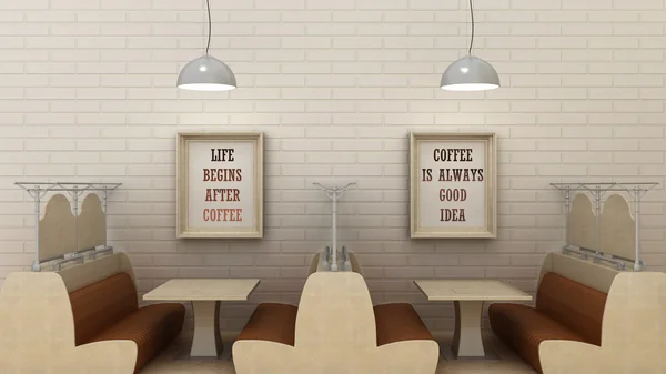 Life begins after coffee, coffee is always good idea posters in modern cafe interior. 3d render — Stock Photo, Image