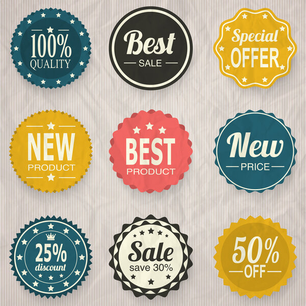 Set of shopping discount badges stickers and labels vector vintage illustration with flat colors