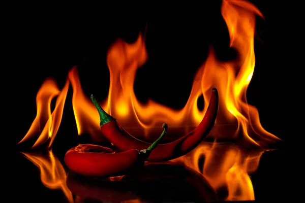 Red pepper on fire with reflection — Stock Photo, Image