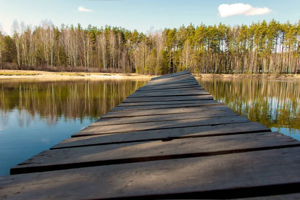 Träbro på sjön ovanför vattnet mot bakgrund av skogen — Stockfoto