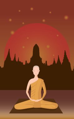 monk meditation in front of old temple