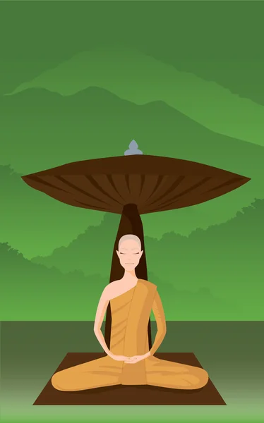 Meditación monje en el bosque — Vector de stock