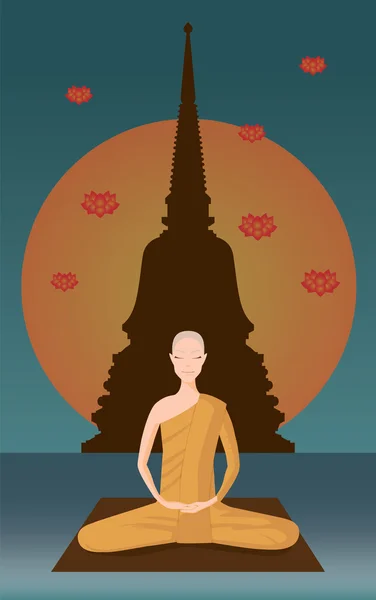 Meditación monje frente a la pagoda — Vector de stock