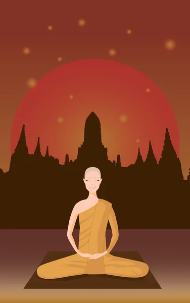 Meditación monje en frente del viejo templo — Vector de stock